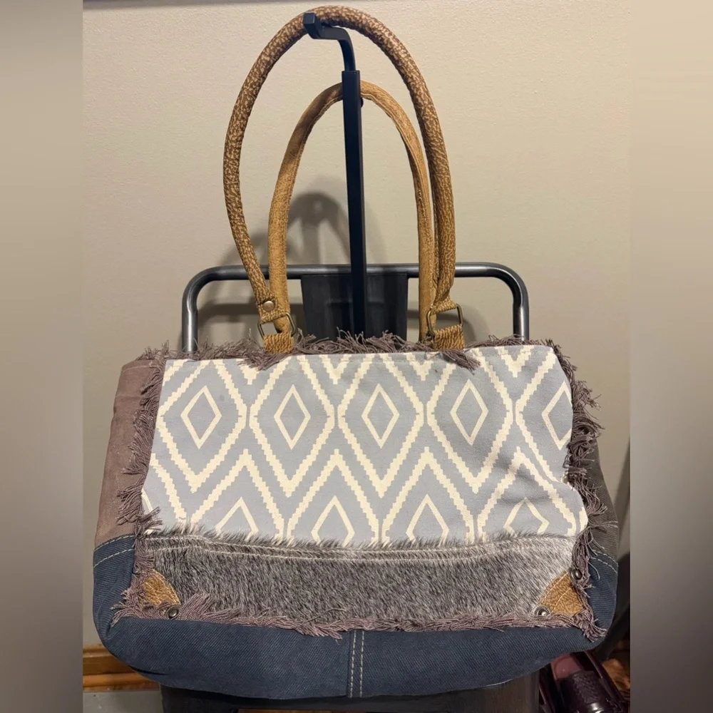 Myra Bag Boho Western Fringe Tote Canvas Cowhide Aztec Festival Bag Boutique